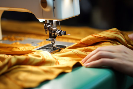 seamstress hands with fabric on a sewing machine, vintage craft. a sewing machine sews fabric. sewing in a workshop or factoryの素材