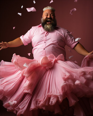 cheery bearded fat man in a pink ballerina tutu on a pink background.concept of individuality and differenceの素材