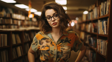 Photo pour Portrait of a young woman with glasses in the library. Library and knowledge concept - image libre de droit