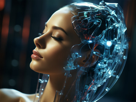 futuristic device with neon light on the face and around the head of a young woman. introduction of artificial intelligence in cosmetology and medicine.の素材