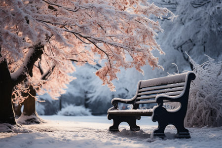 bench under blooming snow-covered trees.beautiful winter landscape.unexpected snow in the springの素材