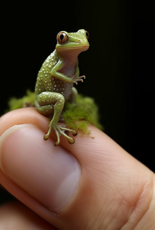 little green frog sitting on your finger.の素材