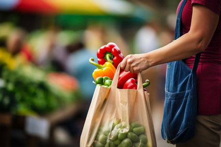 hands of a seller in an apron with a grocery bag on the background of a farmers marketの素材