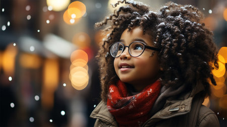 Cute curly African child at Christmas market looking up at Christmas tree or display case.の素材