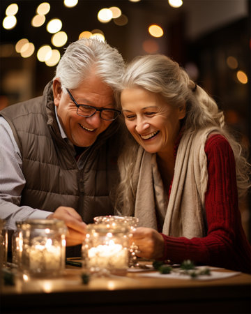 happy gray-haired couple with Christmas decorations opening gifts.family and holidays concept.の素材