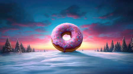 Christmas background.giant donuts with frosting in the winter forest. sweet world on christmas eveの素材