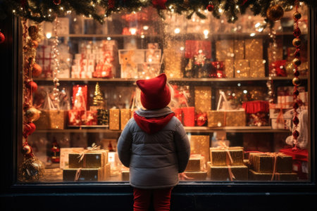 little girl looking through a display window at Christmas decorations and gifts in a storeの素材