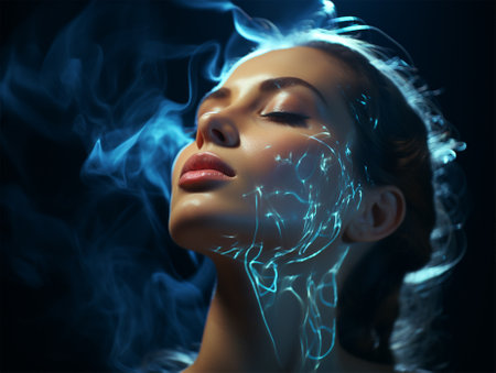 Neon lines on the face of a young woman in a blue haze on a dark blurred background. introduction of artificial intelligence and the latest technologies in cosmetology and medicine.の素材
