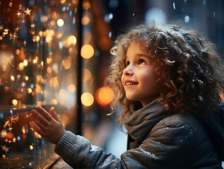 A joyful girl examines with interest a shop window decorated with illumination on Christmas Eve.の素材