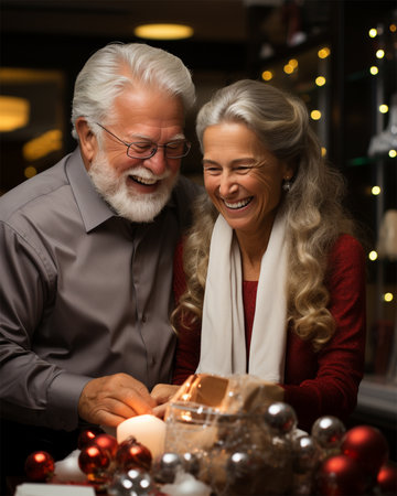 happy gray-haired couple with Christmas decorations.family and holidays concept. opening giftsの素材
