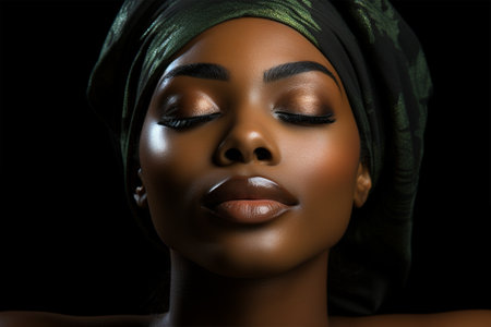 African woman with beautiful skin and a colorful shawl on her head and closed eyes while relaxingの素材