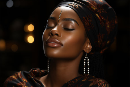 Portrait of an African woman with jewelry on her face, a colorful shawl on her head and her eyes closed in pleasure and pleasureの素材
