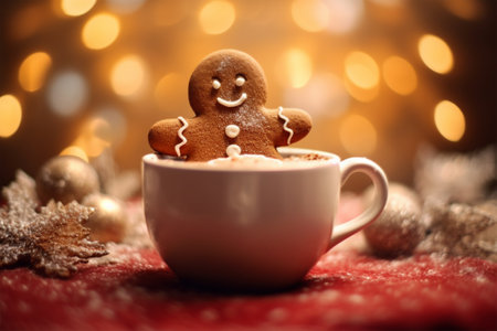 Gingerbread man in a cup of hot chocolate on a Christmas backgroundの素材