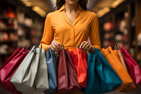 female shopper with colorful shopping bags on the background of a shopping center. shopping and holidays conceptの素材