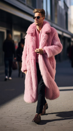 Young stylish man in a pink long fur coat on a city street, illustration for a fashion magazine.の素材