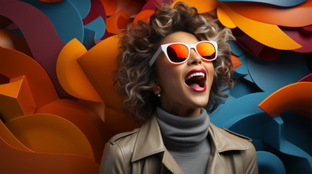 young cheerful woman in sunglasses rejoices on a bright color textured background.Victory and winning conceptの素材