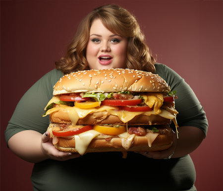 Fat smiling woman holding a huge burger. An adult woman enjoys a big burger. Obesity problem.の素材