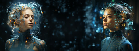 two women using future technologies. introduction of artificial intelligence and the latest technologies in education and scienceの素材