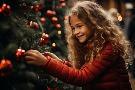 cute cheerful girl decorates a Christmas tree on the street near the houseの素材