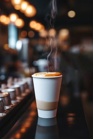 a cup of coffee in the morning against the background of a cafe. takeaway coffee and caring for natureの素材