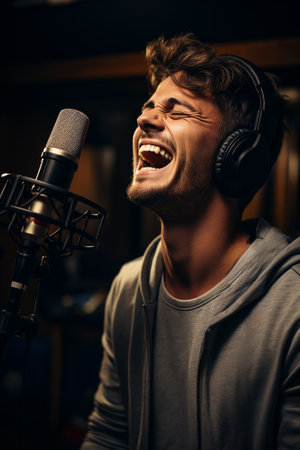 singer sings in front of a microphone and records a song in a music studioの素材