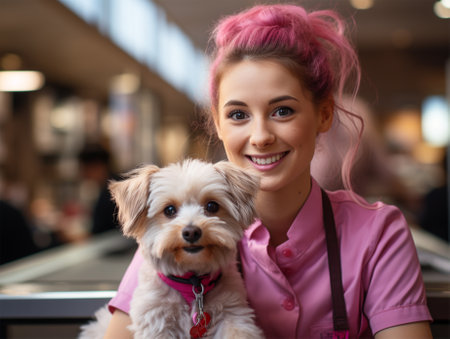 master groomer woman with pink hair with her client dog. The dog undergoes a haircut procedure from a professional groomer in a grooming salon. animals, grooming, drying and styling dogs, combing woolの素材