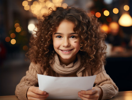cute curly baby with a paper with text in her hands before a performance. on a Christmas background.の素材