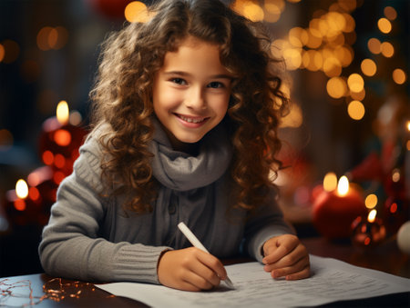 girl writes a letter to Santa Claus or draws something on a blurred Christmas background. Christmas and New Year themeの素材