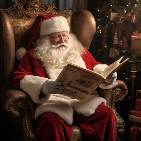 Santa Claus with a book sits in a chair in a room with a fireplace, decorated for Christmas.の素材