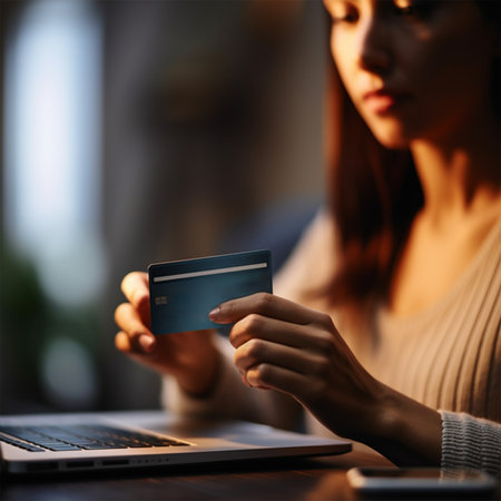 close-up of a womans hands shopping online using a credit card and laptop. Online shopping, e-commerce, internet banking. Black Friday.の素材