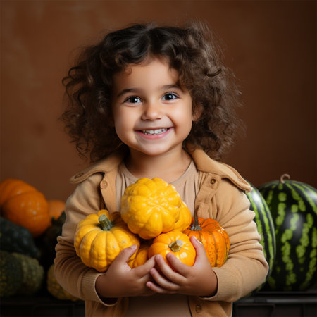 Curly girl holding fresh vegetables. Healthy eating, vegan lifestyle. Proper nutrition for children.の素材