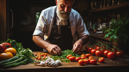 Cropped shot of a male chef cutting vegetables in his farm kitchen. vegetarianism conceptの素材
