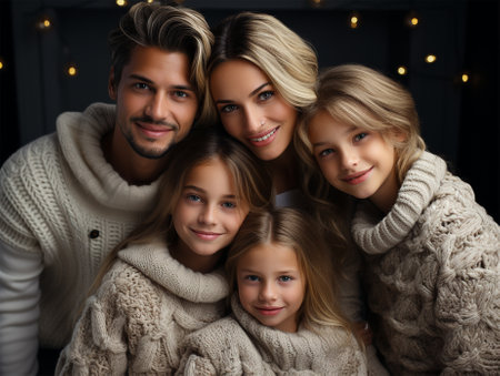 Happy family with three children at home wearing cozy knitted sweaters on Christmas Eveの素材