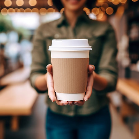 a womans hand holds a cup of coffee in the morning against the background of a cafe. takeaway coffee and caring for natureの素材