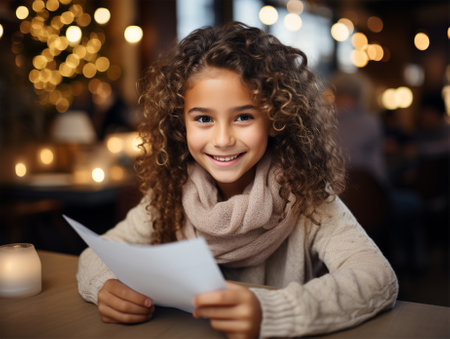 cute curly baby with a paper with text in her hands at the table before a performance. on a Christmas background.の素材