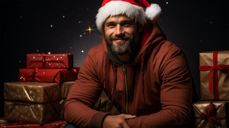 young cheerful brunette man wearing a Santa Claus hat on a Christmas background.holidays and Christmas concept.の素材