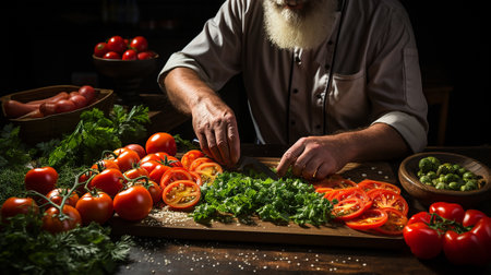 Cropped shot of a male chef cutting vegetables in his farm kitchen. vegetarianism conceptの素材