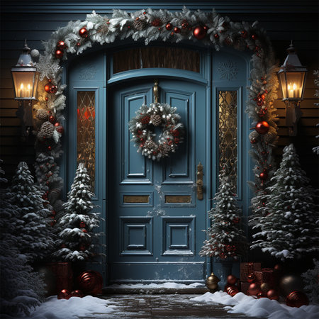 New Year concept background of a blue door in Christmas decoration with garlands and fir trees nearby.Christmas door decoration with beautiful traditional wreath.の素材