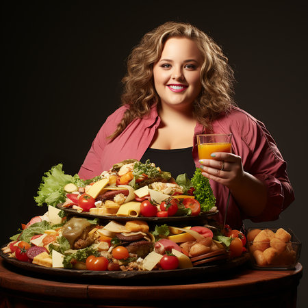 cheerful plump woman in front of a huge dish of food and a glass of orange juice. choice between a large platter of food or juice. Obesity problem.の素材