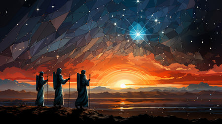 Three Kings and the guiding star against a backdrop of a clear and breathtaking night sky.three Wise Men silhouetted with room for copy.の素材