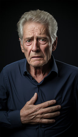An elderly man presses his hand to his chest in the area of his heart. The concept of caring for health and loved ones.の素材