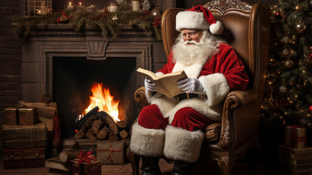 Santa Claus reads a book in a room with a fireplace, decorated for Christmas. Christmas and New Year conceptの素材