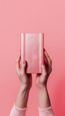 female hands holding a closed book on a pink background. top view, copy space.の素材