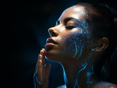 Neon lines on the face of a young woman on a dark background. introduction of artificial intelligence and the latest technologies in cosmetology and medicine. visual work of nanotechnologiesの素材