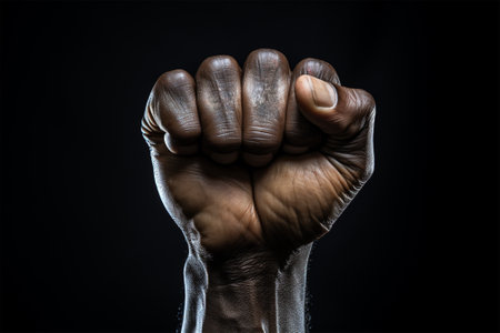 Black fist in the air raised up on a black background, black lives matter, racial injustice. Fighting racism. Human rights, struggle, protests against racism.の素材