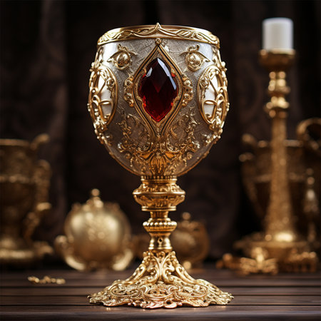 Golden bowl with ruby on the table against the background of golden candlesticks and accessoriesの素材
