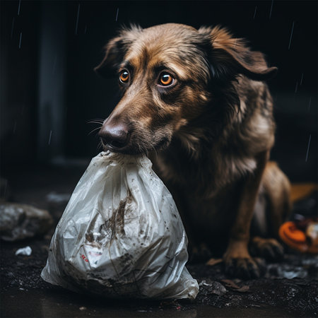 Hungry stray dog looking for food in landfill.concept of protecting and caring for animals.の素材