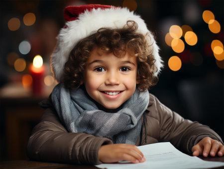 Smiling cute boy in a gnome hat with pieces of paper posing at a festive street market before a performance. Festive Christmas marketの素材