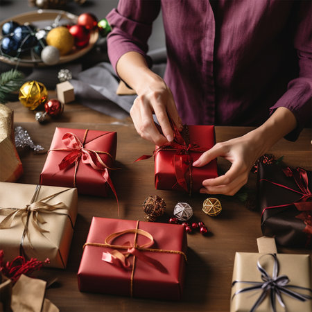 An unrecognizable woman wraps Christmas gifts in craft and red paper and ties them with ribbons.の素材