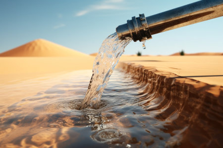 water flowing from a tap into the sand in the desert. planet concept of global warming, water shortage and droughtの素材